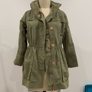 Olive green hooded rain jacket